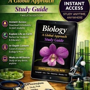 May include: A digital study guide titled Biology: A Global Approach, Twelfth Edition, displayed on a tablet screen featuring a purple orchid. The scene includes a stethoscope, a petri dish with green leaves, a microscope, and a notepad with handwritten text.