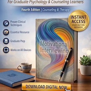 Peut inclure: Un livre numérique intitulé Motivational Interviewing avec une couverture aux tourbillons abstraits colorés, un stylo plume noir, un carnet bleu, une tasse de café marquée MedNote et une plante grasse. Texte : Advanced Counseling Reference et Download Digital Now.