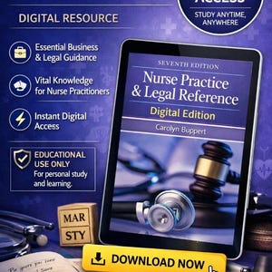 Op de afbeelding: Digitale bron voor medische studenten, met "Nurse Practice & Legal Reference". De afbeelding toont een tablet met de omslag van het boek, een stethoscoop en een hamer. Inclusief de knoppen "Directe toegang" en "Download nu".