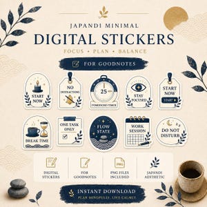Japandi Digital Planner Stickers for Goodnotes | Minimal Japanese Aesthetic Stickers | Indigo Beige iPad Planner Stickers