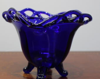 Vintage Imperial Cobalt Blue Crochet/lace top 4 legged bowl
