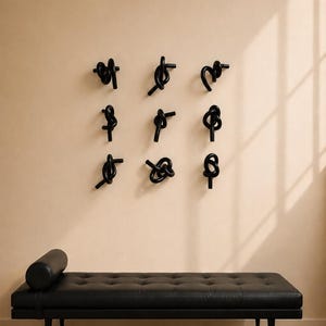 May include: A collection of nine black wall-mounted sculptures, each featuring a unique knotted design. Below the wall art sits a black leather daybed with a cylindrical bolster pillow, supported by four tapered legs on a wooden floor.