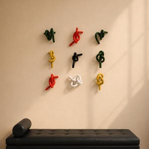 May include: A collection of nine wall-mounted sculptures arranged in a three-by-three grid. Each sculpture consists of a single, thick, glossy cord tied into a unique knot. The colors include red, yellow, white, black, and dark green.