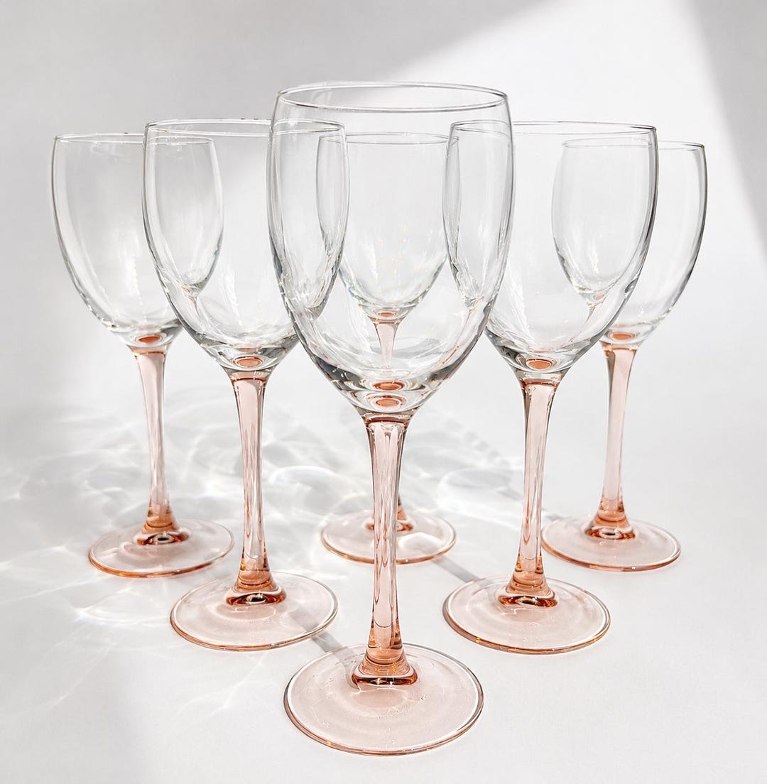 Vintage Blush Pink Stem Wine Glasses Set of 6 | Elegant Rosé Goblets ...