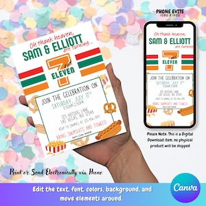 Puede incluir: Una tarjeta de invitación de cumpleaños digital y una pantalla de teléfono inteligente con un diseño temático de 7-Eleven. El texto dice Oh thank heaven, SAM & ELLIOTT are turning 7 and ELEVEN, JOIN THE CELEBRATION ON SATURDAY, JULY 11TH, 123 HOTDOG LANE.