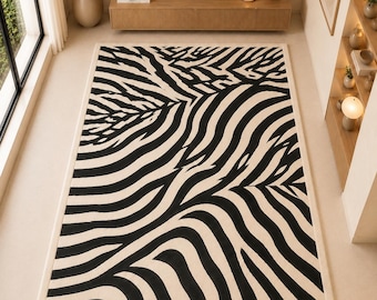 Tappeto in lana zebrata trapuntato a mano, nero avorio crema, moderno tappeto con stampa animalier