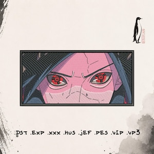 May include: A rectangular embroidery design featuring a close-up of a character with pink skin and intense red eyes with black patterns. The character has dark blue hair and is framed by a black border. Text includes KAIRUKU, DST, EXP, XXX, HUS, JEF, PES, VIP, VP3.