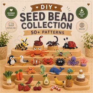 May include: A DIY seed bead collection guide featuring 50+ patterns. The image displays numerous small, colorful beaded figures including a bee, snake, scorpion, ladybug, crab, penguin, fish, whale, octopus, and various fruits and vegetables.