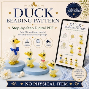 May include: A digital PDF beading pattern for a 3D duck and duckling design. The image displays four small, handmade beaded duck figures with yellow beaks and feet, alongside a tablet screen showing step-by-step instructions and diagrams.