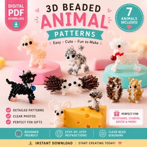 Puede incluir: Una descarga digital en PDF titulada 3D BEADED ANIMAL PATTERNS que presenta siete pequeñas figuras de animales hechas con cuentas. La colección incluye varios perros, erizos y otras criaturas, junto con instrucciones paso a paso.