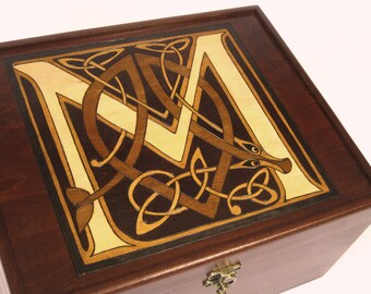 Celtic Monogram Tea Box or Watch Chest: Celtic Initial with Serpent Keepsake Valet Box, Tie Box, Jewelry Chest