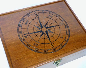 Navigator's Compass Keepsake Box: Custom Wooden Box for Valet Box, Travel Mementos, watches, jewelry and more