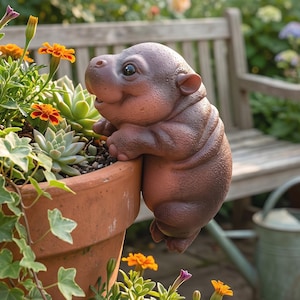 Puede incluir: Una estatua de hipopótamo marrón agarrada al borde de una maceta de terracota llena de vegetación y flores naranjas. El hipopótamo tiene una expresión sonriente. Un banco de madera y una regadera están en el fondo.