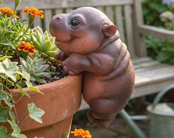 Handmade Baby Hippo Pot Hanging Resin Planter | Cute Animal Succulent Pot, Garden Balcony Décor, Rustic Plant Holder