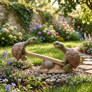 Può includere: Una scultura da giardino con due tartarughe marroni e verdi su un'altalena. La scultura è posta su un letto di piccole pietre, circondata da una vegetazione lussureggiante e fiori colorati. Un piccolo cartello recita "Turtle Play".
