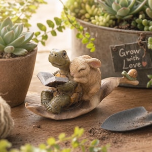 Figura de resina de tortuga con orejas de conejo leyendo un libro, accesorio para maceta de suculentas, lindo adorno de planta en miniatura, regalo para amantes de las plantas