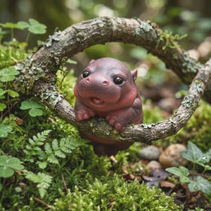 May include: A maroon hippo figurine perched on a tree branch, surrounded by green moss and foliage. The hippo has large, dark eyes and a smiling expression. The branch is part of a natural archway.