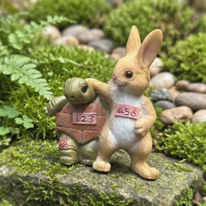 May include: A tan rabbit figurine standing next to a green turtle figurine. The rabbit has a pink rectangular tag with the number 456, and the turtle has a pink rectangular tag with the number 123. Both figures are standing upright together.