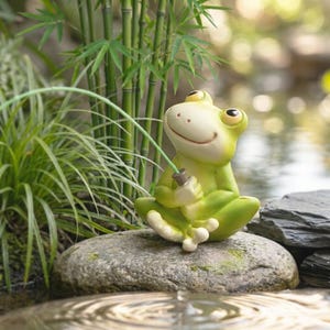 Könnte beinhalten: Eine hellgrüne Froschfigur, die im Schneidersitz auf einem glatten grauen Stein sitzt. Der Frosch hat große Augen, einen lächelnden Mund und hält eine dünne, gebogene grüne Angelrute, die nach oben in Richtung der Bambusstangen ragt.