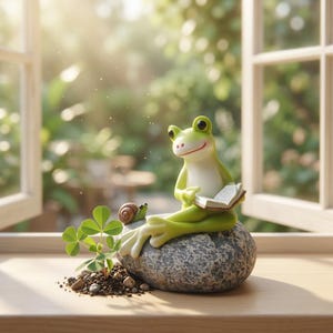May include: A light green frog figurine sitting on a gray stone, holding an open book. A small brown snail is positioned next to the frog on the stone, and a small green plant with clover-like leaves grows from a patch of soil nearby.