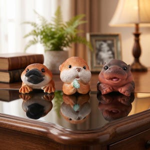 May include: Three animal figurines: a platypus, an otter, and a hippo. The platypus is brown with a black bill. The otter is orange and white, holding a small green object. The hippo is brown and red. All are on a reflective surface.