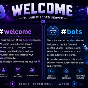 May include: A dark purple and blue Discord server welcome graphic featuring the text WELCOME TO OUR DISCORD SERVER, a megaphone icon, and two panels for #welcome and #bots channels. The design includes a robot character, icons, and text.