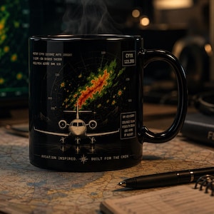 May include: Black ceramic mug with a detailed aviation-themed design. The mug features a jet illustration, radar imagery in orange, green, and yellow, and text that reads "Aviation Inspired, Built for the Crew." Steam rises from the mug.