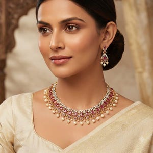 May include: A gold-toned necklace and matching drop earrings set featuring teardrop-shaped red stones, clear white stones, and small dangling white pearls. The necklace has a curved design that sits at the base of the neck with intricate metalwork.
