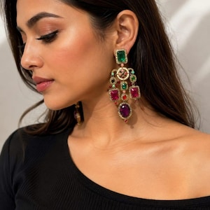May include: A gold-tone chandelier earring featuring a rectangular green stone at the top, a central circular medallion, and dangling accents including rectangular fuchsia stones and a large oval purple stone at the base, all set in a metallic frame.