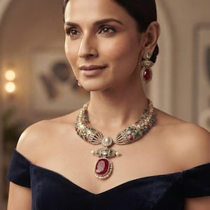May include: A necklace and matching drop earrings featuring large oval red gemstones surrounded by smaller white stones and green accents. The necklace has a wide, textured metal band with a central pendant, while the earrings mirror the design.