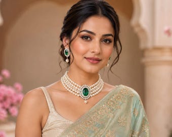 Vintage-Inspired Four -Row Pearl Choker with Majestic Green Emerald Centerpiece and Matching Earrings, Wedding Jewelry Gift for Her.