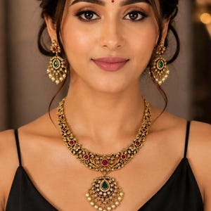 Emerald Green & Ruby Red Kundan Necklace Set, Indian Bridal Jewelry, Traditional Wedding Necklace with Matching Earrings Gift for Women.