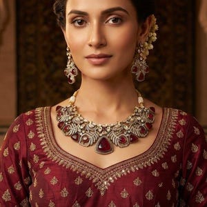 May include: A statement necklace featuring large, deep red teardrop-shaped stones surrounded by intricate silver-toned metalwork and small clear crystals. Matching chandelier-style earrings with similar red stones and silver detailing are worn.