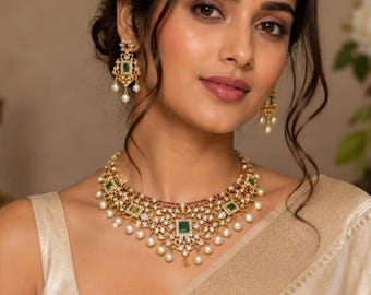 Emerald Green Kundan Choker Necklace Set with Earrings, Indian Wedding Jewelry, Handmade Bridal Necklace, Gift for Women.
