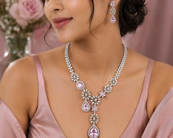 Conjunto de colar e brincos de noiva com zircônias rosa, joias de casamento de luxo em prata, colar com pingente de cristal em formato de gota, presente perfeito para ela.
