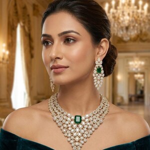 May include: A statement necklace and matching drop earrings featuring a central emerald-cut green gemstone surrounded by numerous pear-shaped and round white stones set in a metallic frame, creating a layered, intricate, and symmetrical design.