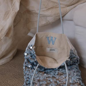 Blue Sequin Tote Bag, Sparkly Shoulder Bag, Large Capacity Beach Bag, Y2K Aesthetic Purse, Bridal Party Gift