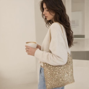 Champagne Gold Glitter Shoulder Bag | Bridesmaid Gift, Beach Bag, Customizable Sequin Tote Bag | Personalized Embroidered Initial