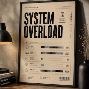 May include: A framed poster with a beige background and black text titled SYSTEM OVERLOAD. It displays a digital interface with status bars for CPU, RAM, SLEEP, FOCUS, and ANXIETY, featuring icons and text like TOO MANY TABS OPEN and OVERTHINKING DEPARTMENT.