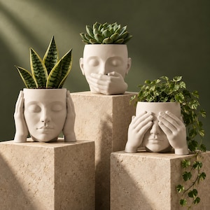 May include: Three off-white ceramic planters shaped like human heads with hands covering the ears, mouth, and eyes. Each planter holds a different green plant, including a snake plant, a succulent, and a trailing vine, displayed on stone blocks.