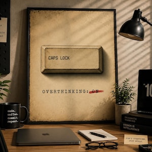 Può includere: Una stampa incorniciata con un'estetica vintage, con una grande grafica del tasto "CAPS LOCK". Sotto, il testo recita "OVERTHINKING: ON". La scena comprende una tazza nera con "code. coffee. commit. repeat." e un laptop su una scrivania di legno.