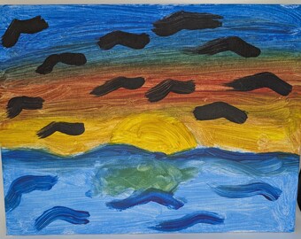 Acrylschilderij van heldere strandzonsondergang met verborgen schildpad, canvas van 12 x 9, tienerkunstenaar