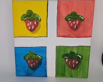 Hand-Painted Strawberry Canvas Art – Colorful Fruit, Whimsical Kitchen Decor, 8x8