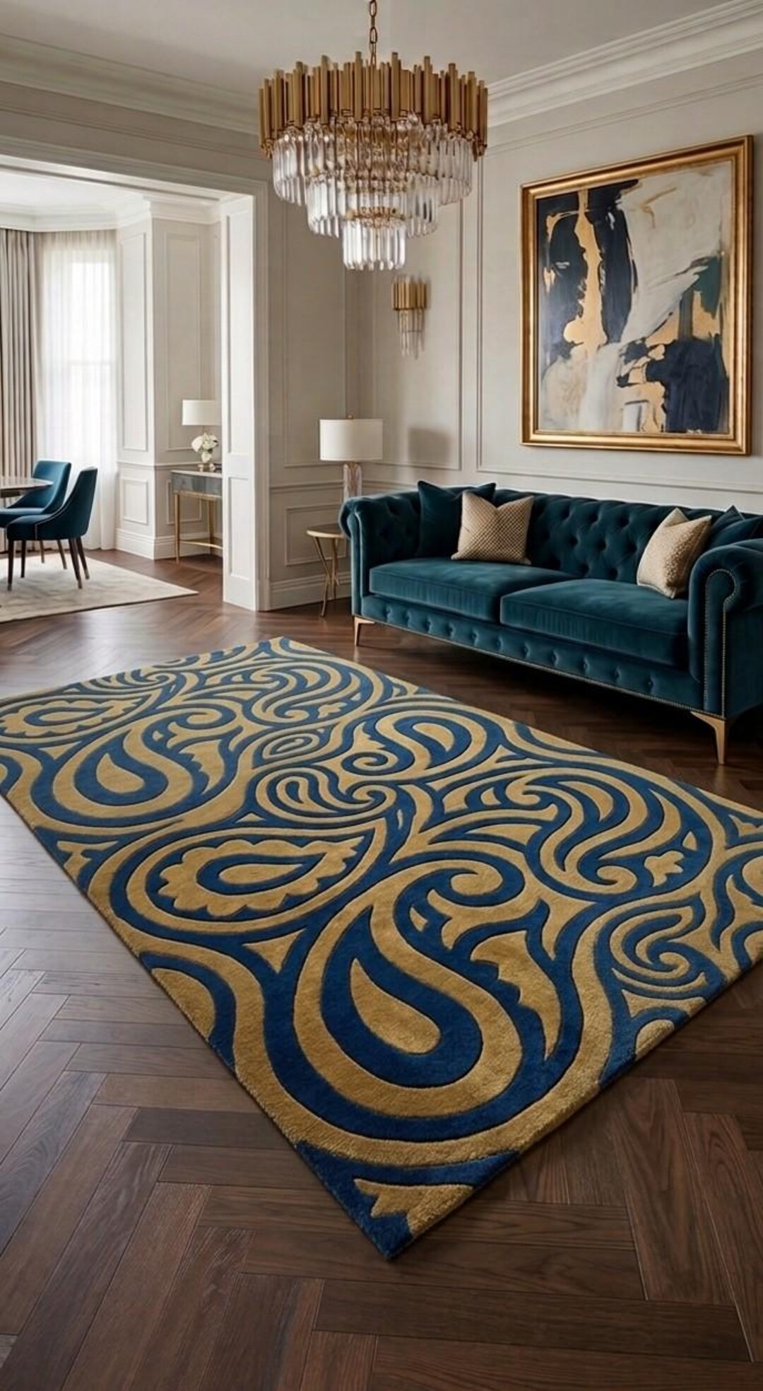 Luxury Blue Gold Hand Tufted Wool Rug, Modern Abstract Area Rug, Cut ...