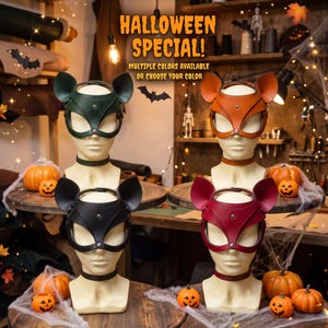 Echte Leder-Katzenmaske | Halloween-Maske mit Fuchsohren | Tiermaske mit Halsband für Maskenbälle