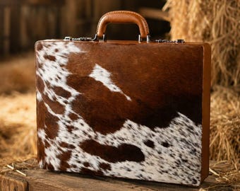 Cowhide Briefcase, Genuine Leather Laptop Bag, Western Business Case, Cow Print Attache Case with Lock, Chic Office Bag, Gift for Boss
