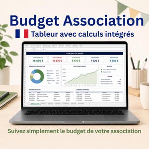 Pode incluir: Um laptop exibe um painel financeiro com gráficos e dados. A tela mostra uma análise do orçamento com receitas, despesas e um gráfico de linhas. O texto inclui "Budget Association" e "Tableur avec calculs intégrés".