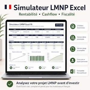 May include: A laptop displays a financial analysis dashboard with charts and data tables. The screen shows the text "Simulateur LMNP Excel" and "Rentabilité • Cashflow • Fiscalité." Additional text includes "Analysez votre projet LMNP avant d'investir."