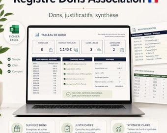 Registro delle donazioni per associazioni in formato Excel, tracciamento delle donazioni, ricevute e documenti giustificativi, tabella dei donatori per associazioni (Legge del 1901)