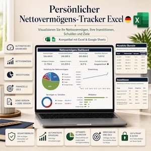 Può includere: Un laptop mostra un dashboard finanziario con grafici. Lo schermo mostra dati su patrimonio netto, investimenti e obiettivi finanziari. Il testo include "Nettovermögens-Tracker Excel" e "Kompatibel mit Excel & Google Sheets."